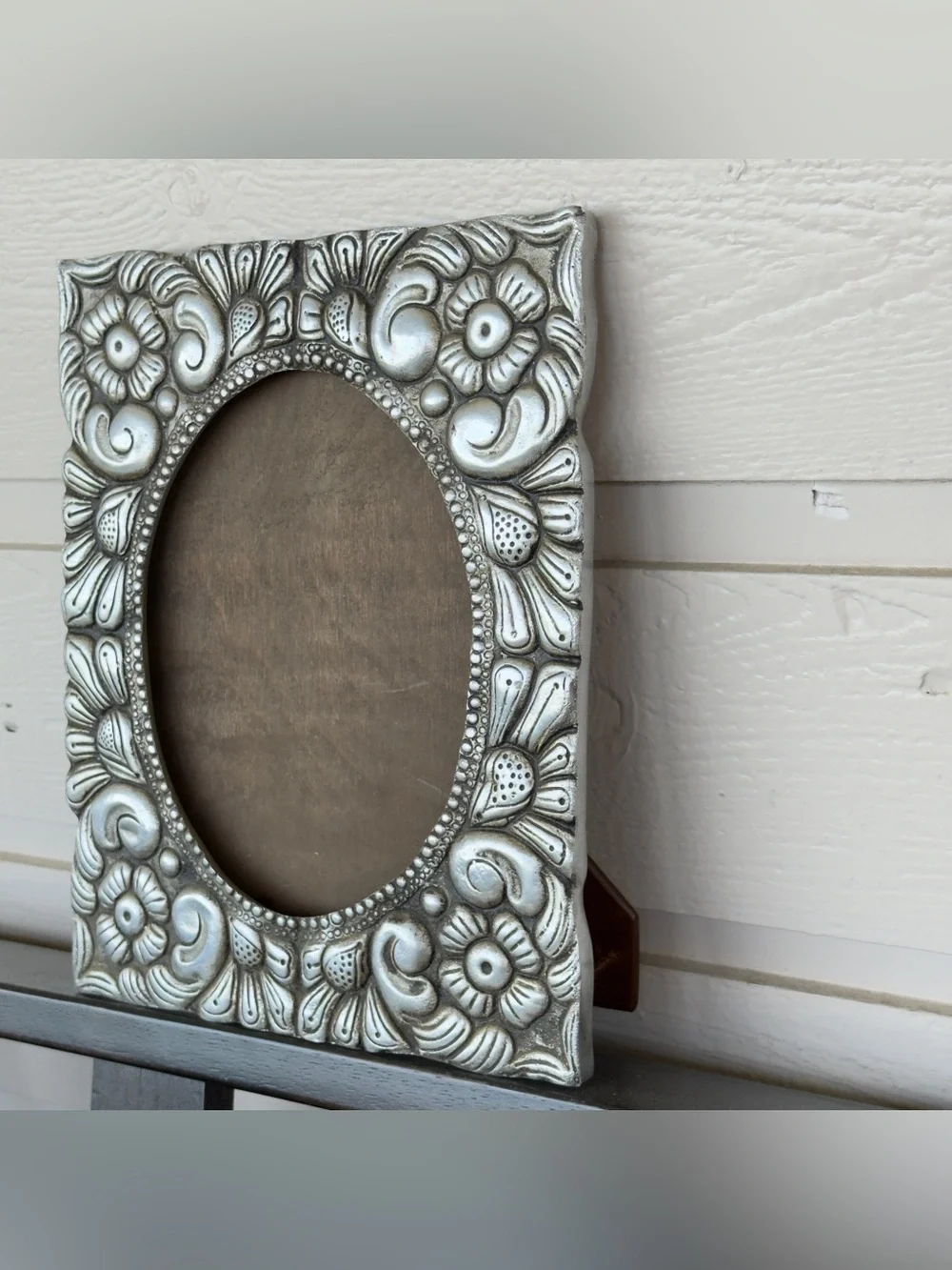 Vintage Pewter? Metal Picture Frame w Ornate Floral & Scroll Repoussé Motif